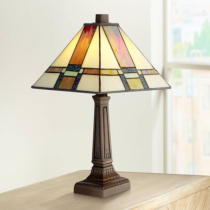 Robert Louis Tiffany Morris Mission Antique Tiffany Style Mini Accent Table Lamp LED 14 1/4" High Warm Brown Art Deco Stained Glass Shade Decor for Bedroom House Bedside Nightstand Home Office