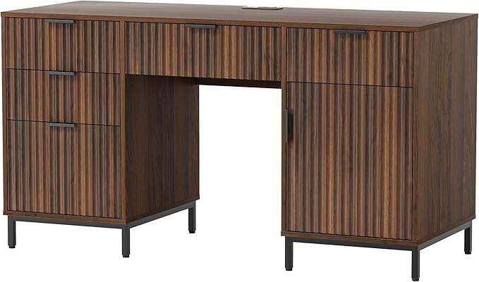 Modern Fluted Executive Desk with File Drawer, 55" Large Computer Desk with Storage and Charging Station, Wooden Home Office Desk for Workspace, Writing, Study, Brown