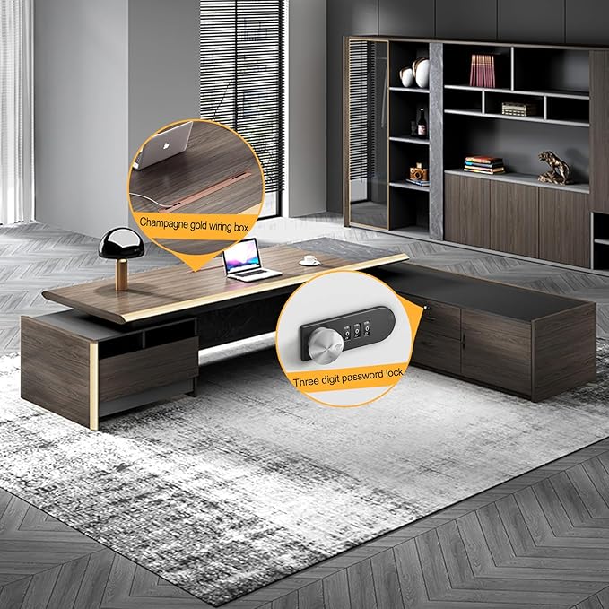 102IN Modern Executive Desk - L-Shaped Executive Desk with Light Strip Design & Multifunctional Locker & Convenient Wire Routing Box & Keyless Combination Lock