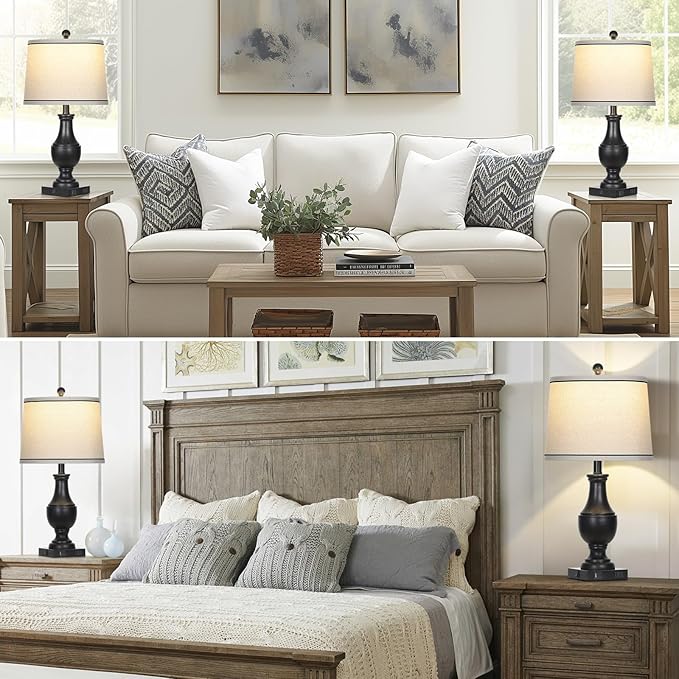 Vintage Farmhouse Lamps Set of 2, 25" Rustic Retro Table lamps with USB A+C Charging Ports & AC Outlet, Antique Resin Traditional Bedside Lamp with Linen Fabric Lampshade for Living Room Bedroom Black