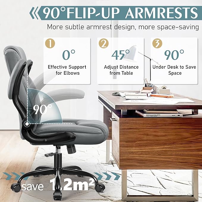 Leather Office Chair, PU Home Computer Desk Chairs with Ergonomic Back Support, 360°Swivel Free,Small Gaming Chair with Wheels and Adjustable Armrests, for Short People Use, Gray