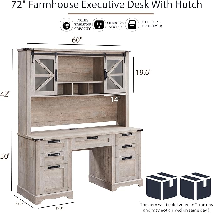 RedLemon 60" Farmhouse Desk with Hutch, Wood Home Office Executive Desk with Drawer, Charging Station, Keyboard Tray, File Drawer, Storage Cabinet, Rustic Writing Computer Desk (Light Rustic Oak)