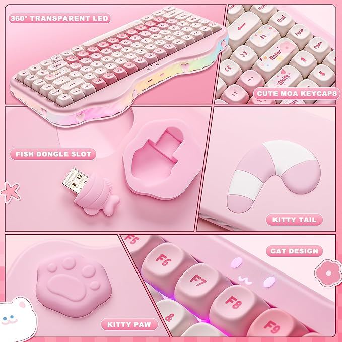 YUNZII C75 Wireless Mechanical Keyboard,75% Layout, Hot-Swappable NKRO,BT5.0/2.4G/USB-C Mode,Dye-Sub PBT MOA Keycaps,RGB Gasket Mount,Cute Cake Design for Mac/Win/Gaming (Pink, Candy Switch)
