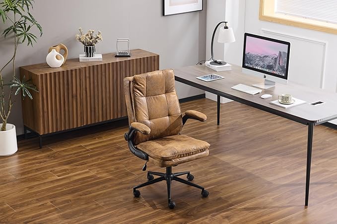 VINGLI Comfy Brown Leather Office Desk Chair,Ergonomic High-Back Computer Gaming Chair with Replaceable Wheels,Dual-Base,Adjustable Height&Armrests,360 Swivel Task Chair for Home Office,Vintage,Rustic