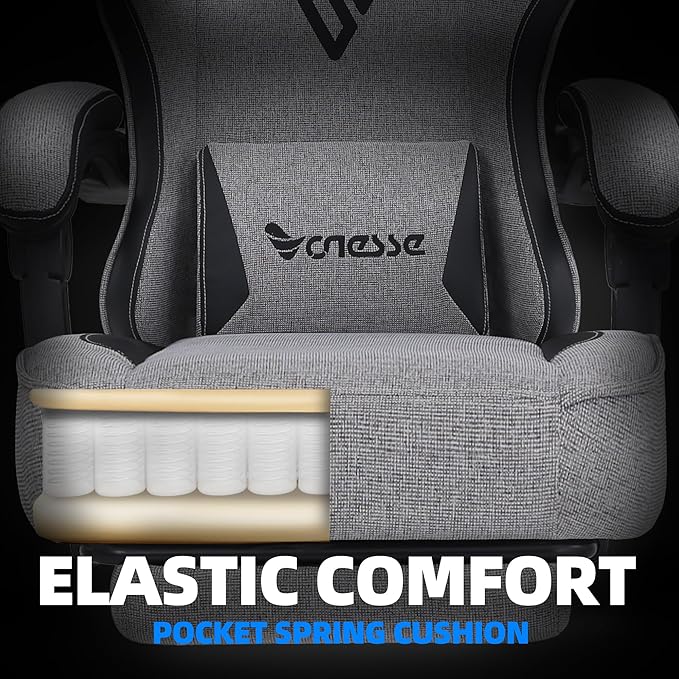 Vonesse Gaming Chair, Computer Chair Fabric with Pocket Spring Cushion, Office Chair with Footrest and Massage Lumbar Support, Reclining Gaming Chairs for Adults 250LBS (Grey)