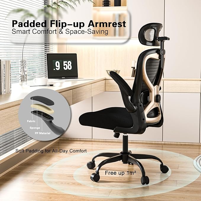Office Chair for Back & Neck Pain Relief, Virgin Foam Seat, 2D Adjustable Lumbar & 3D Headrest, Flip-Up Armrests, Tilt & Rock for Relaxation, Black/Gold
