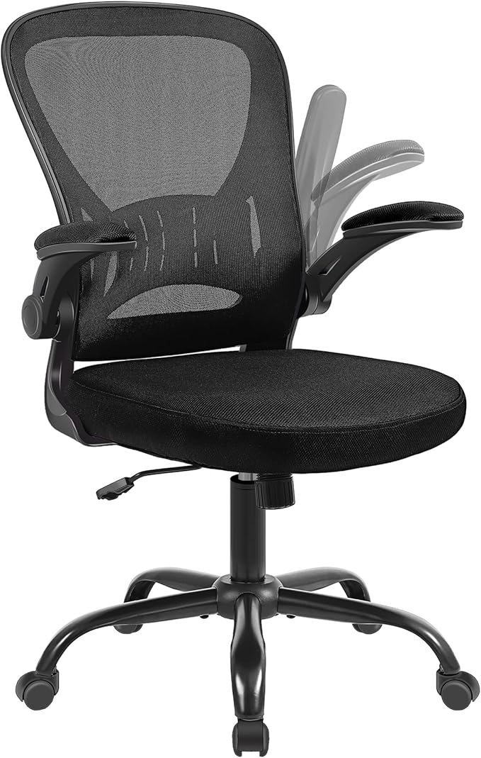 Mesh Office Chair, Ergonomic Home Office Desk Chairs with Flip-up Arms and Lumbar Support, Height Adjustable, Black