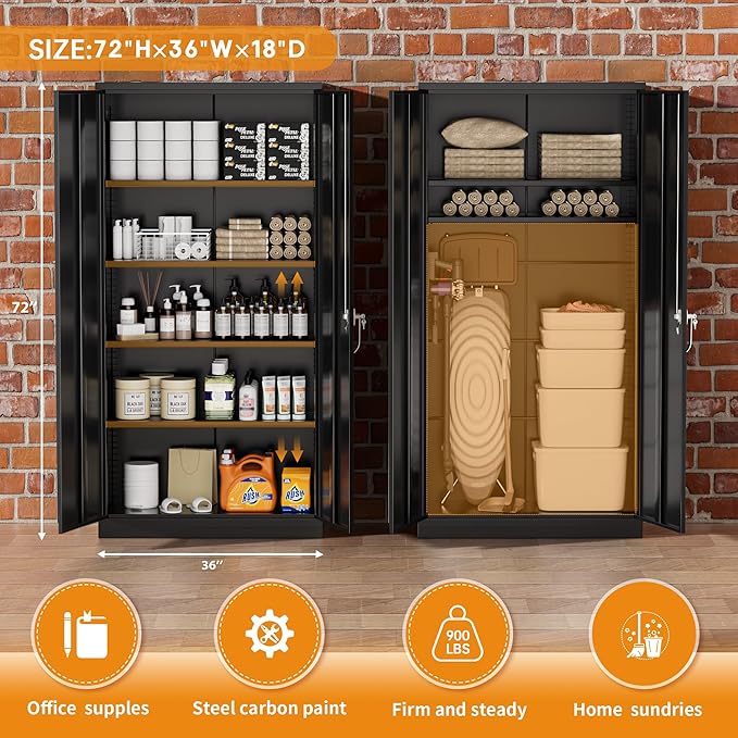 Greenvelly Steel SnapIt Storage Cabinet, 72" Locking Metal Garage Storage Cabinet with 4 Adjustable Shelves, 2 Doors and Lock for File, Office, Garage, Home (Black)