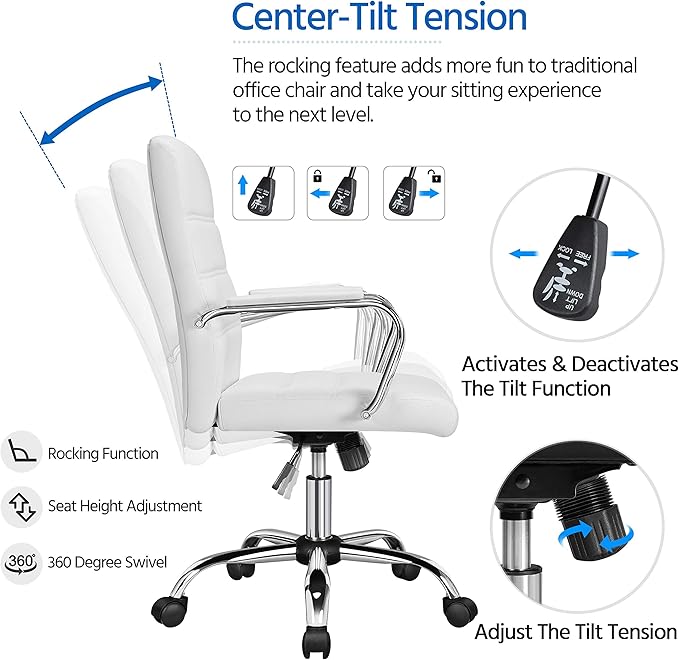 Yaheetech Office Desk Chair Mid-Back Leather Computer Chair Height Adjustable Ergonomic Executive Chair w/Lumbar Support Comfy Thick Padded Armrests and Seat, White