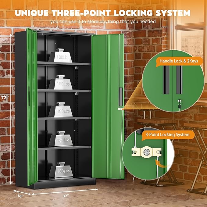 Greenvelly Metal Garage Storage Cabinet, Steel Lockable Storage Cabinet with Doors and Shelves,Office Storage Cabinets, Tall Metal Cabinet for Garage Office School Gym Warehouse