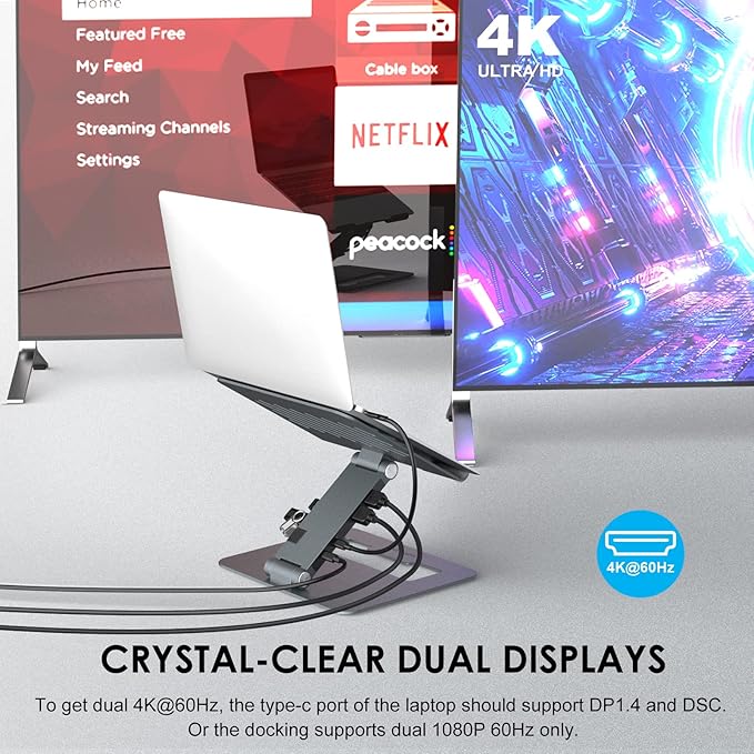 WAVLINK Adjustable Aluminum Laptop Stand with USB C Dock, Ergonomic Portable Computer Riser for MacBook, Windows, 10"-17" Notebook and Tablet(2HDMI,PD3.0,SD/TF,RJ45 Ethernet,2USB 3.0 Ports)