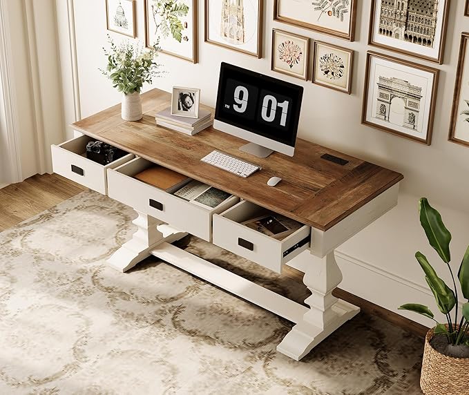 WAMPAT 60-inch Vintage Wood Home Office Desk with Stable Solid Wood Pedestral Legs, Tradional Rustic Writing Table Executive Desk with Deep Drawers and Power Outlets for Office,Study,Antique White