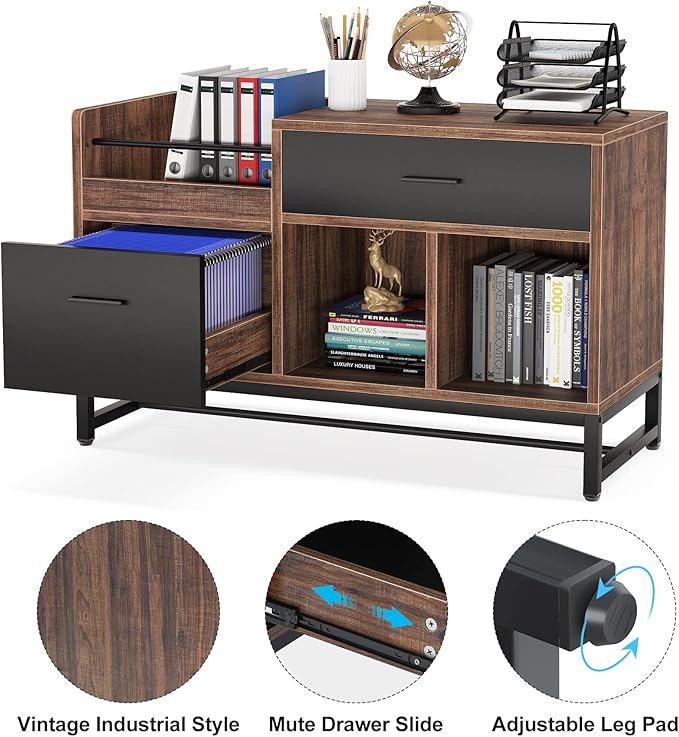 Tribesigns Rustic Brown 39 inch File Cabinet with 2 Drawers, Lateral Filing Cabinets, Printer Stand with Open Storage Shelves and Letter Size/A4 Size Drawer for Home Office
