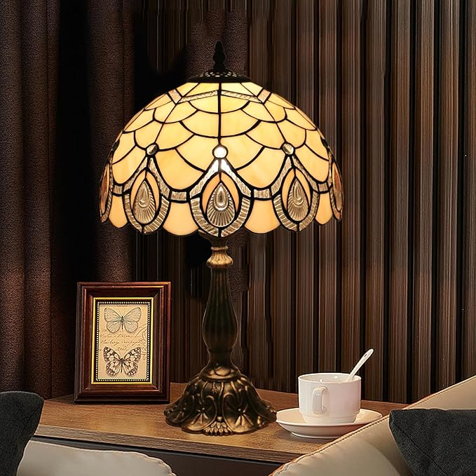 Tiffany Style End Side Table Lamps, Modern Bedside Nightstand Stained Glass with Crystal Large Farmhouse Table Lamp for Bedroom,Living Room Home Office Desk Lamp+LED Bulb,12X12X20INCH