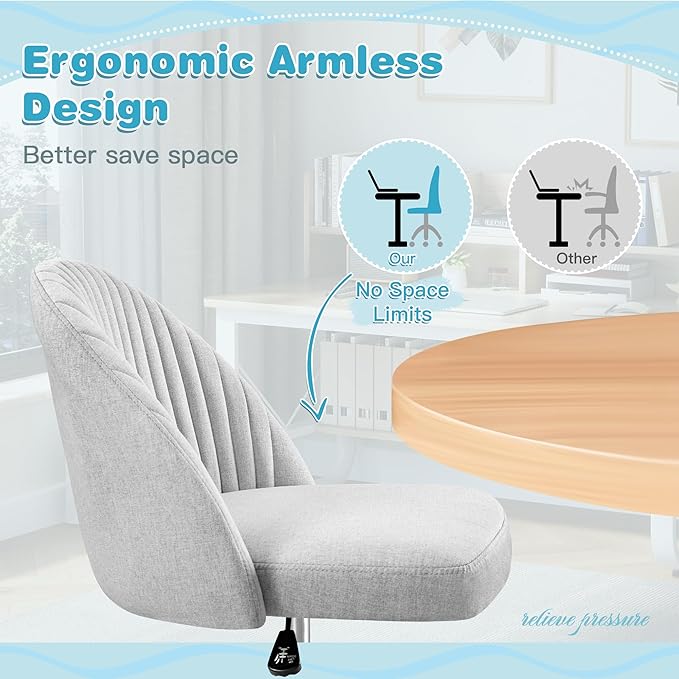 Furniwell Office Chair Armless Cute Desk Chair Modern Adjustable Swivel Padded Fabric Vanity Task Computer Chair Home Office Desk Chairs with Wheels (Grey)