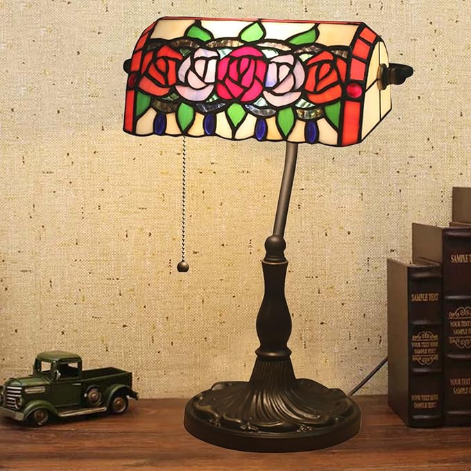 Tiffany Style Stained Glass Banker Desk Lamp, Rose Flower Pattern, Red, Pink, Green, Blue, Alloy Base, 10.62" W x 15.35" H