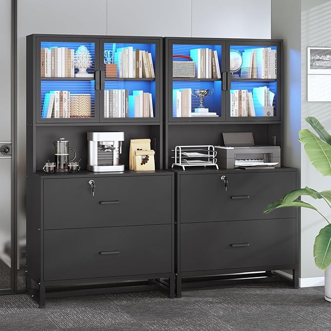 SEDETA 2 Drawer File Cabinet with Lock & Charging Station, Filing Cabinet Fits Letter, Legal, A4 Size, Wood File Cabinets for Home Office with Bookshelf, Printer Stand with Storage Shelf, Black