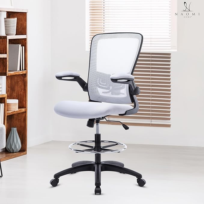 Serena Ergonomic Mesh Drafting Chair - Adjustable, Breathable Mesh, Lumbar Support, Ergonomic and Height Adjustable Flip-Top Office Chair with Foot Ring and Productivity - White