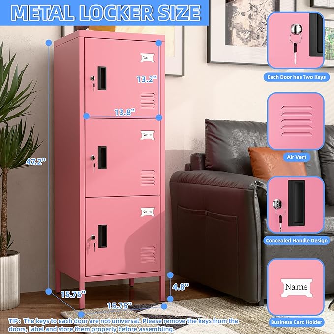 Metal Locker with Ventilation Holes, Metal Storage Cabinet with Lock and Card Slof for Home,School, Office, Gaeage,47.3" H x 15.8" W x 15.8" D,Assembly Required,Pink