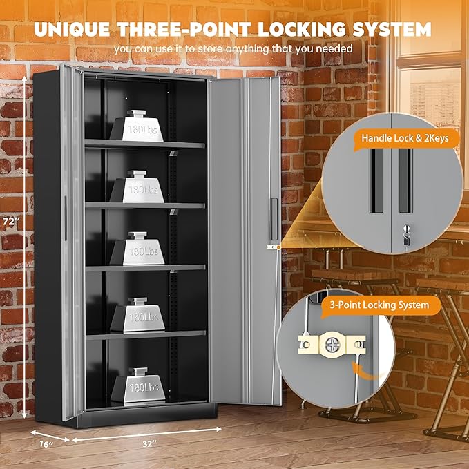 Greenvelly Metal Storage Cabinet, Locking Steel Garage Cabinets with Doors and Adjustable Shelves, Metal Tool Cabinets for Garage,Home Office,School (Black Grey)