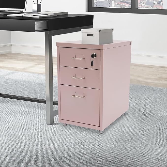 3 Drawer File Cabinet, Mobile Vertical Filing Cabinets with Lock and Wheels Organizer Cabinet for Home Office Files Storage (Pink)