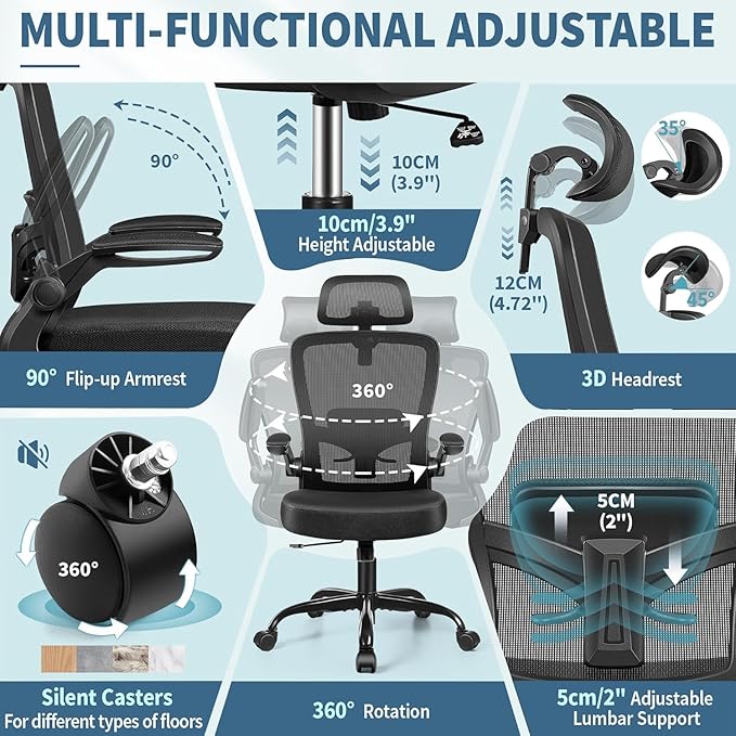 FelixKing Ergonomic Office Chair, Headrest Desk Chair with Adjustable Lumbar Support, Home Office Swivel Task Chair with High Back and Armrest, Adjustable Height Gaming Chair(Black),Pack of 2