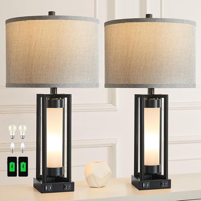 RORIANO Set of 2 Modern Table Lamp for Living Room with 2 USB Ports, Contemporary Nightstand Lamp with White Glass Night Light, Retro Desk Lamp for Bedroom Bedside, 4 Bulbs Included (Balck)