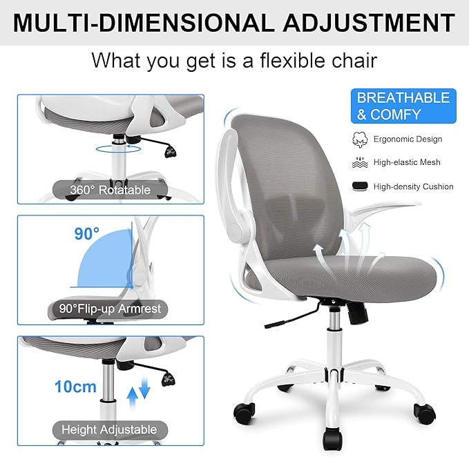 Primy Office Chair Ergonomic Desk Chair with Adjustable Lumbar Support and Height, Swivel Breathable Desk Mesh Computer Chair with Flip up Armrests for Conference Room(Gray)