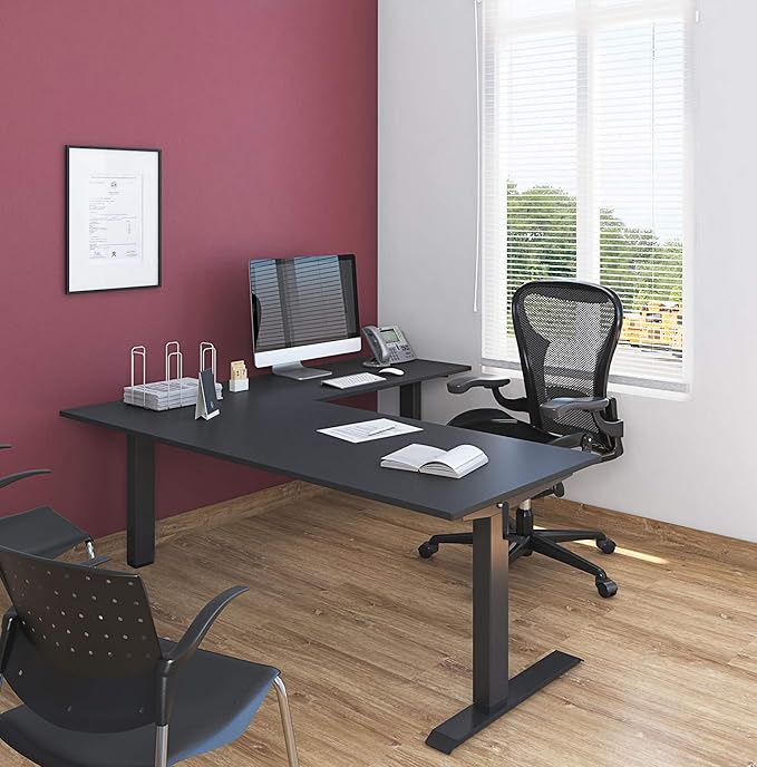 Stand Up Desk Store Crank Adjustable Height L-Shaped Standing Desk with Steel Frame (Black Frame/Black Top, 72" Wide)