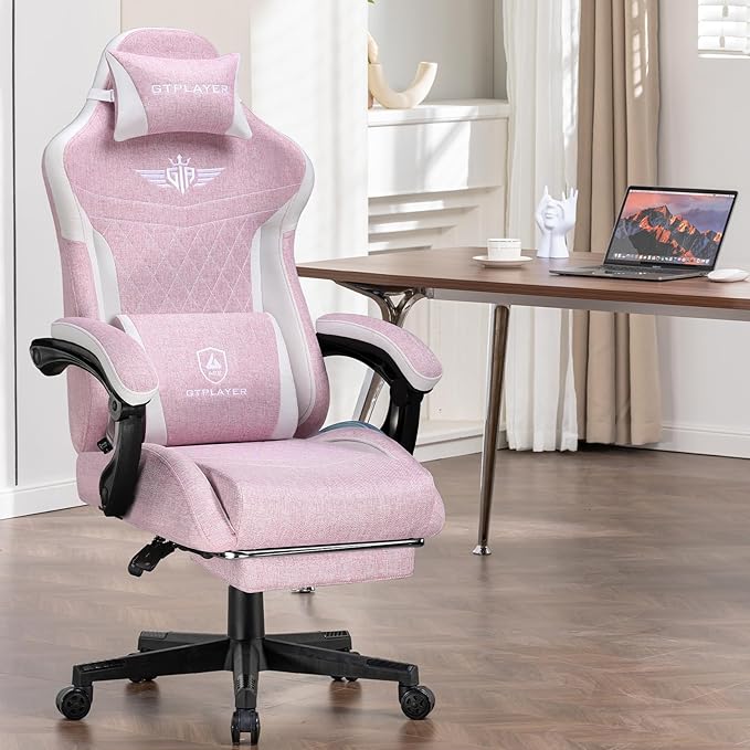 GTPLAYER Gaming Chair, Video Game Chairs with Footrest and Lumbar Support, Computer Chair for Adults with Extended Backrest, Ergonomic Reclining Silla Gamer, Linen Fabric, Pink