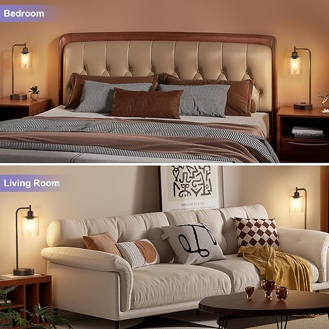 Innqoo Industrial Touch Table Lamps - 3-Way Dimmable Desk Lamps Set of 2 with USB C+A Ports and Outlet, Brown Bedside Lamps with Clear Glass Shade for Living & Bedrooms