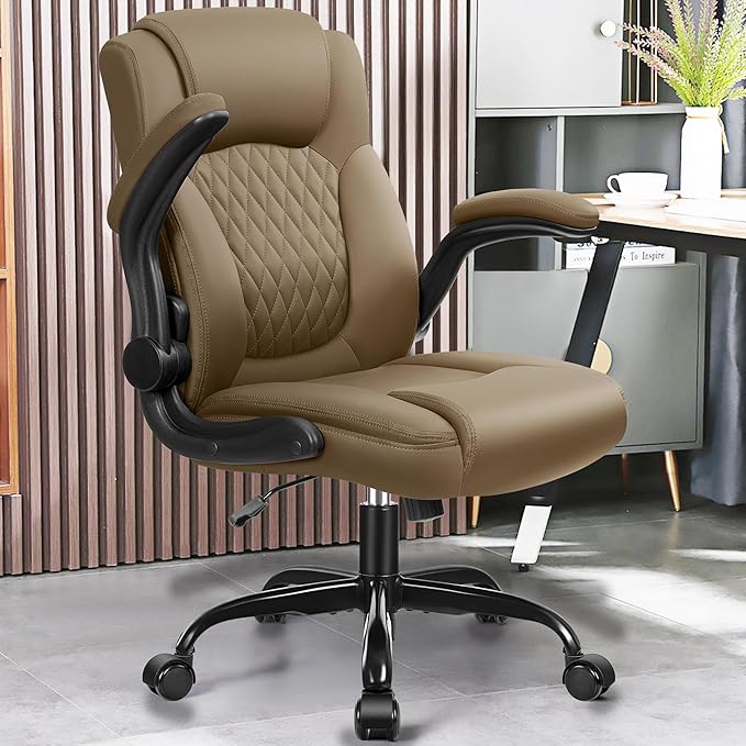 Leather Office Chair, PU Home Computer Desk Chairs with Ergonomic Back Support, 360° Swivel Free,Small Gmaing Chair with Wheels and Adjustable Armrests, for Short People Use, Earthy Yellow