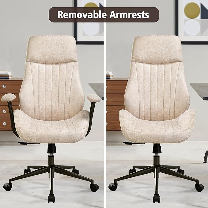 ovios Ergonomic High Back Office Chair, Mid-Century Modern Faux Suede Leather Chair with Padded Armrests, Comfy Executive Computer Task Swivel Rolling Chairs, Beige