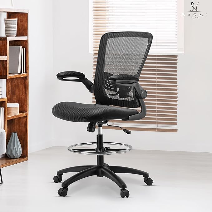 Serena Ergonomic Mesh Drafting Chair - Adjustable, Breathable Mesh, Lumbar Support, Ergonomic and Height Adjustable Flip-Top Office Chair with Foot Ring and Productivity - Gray