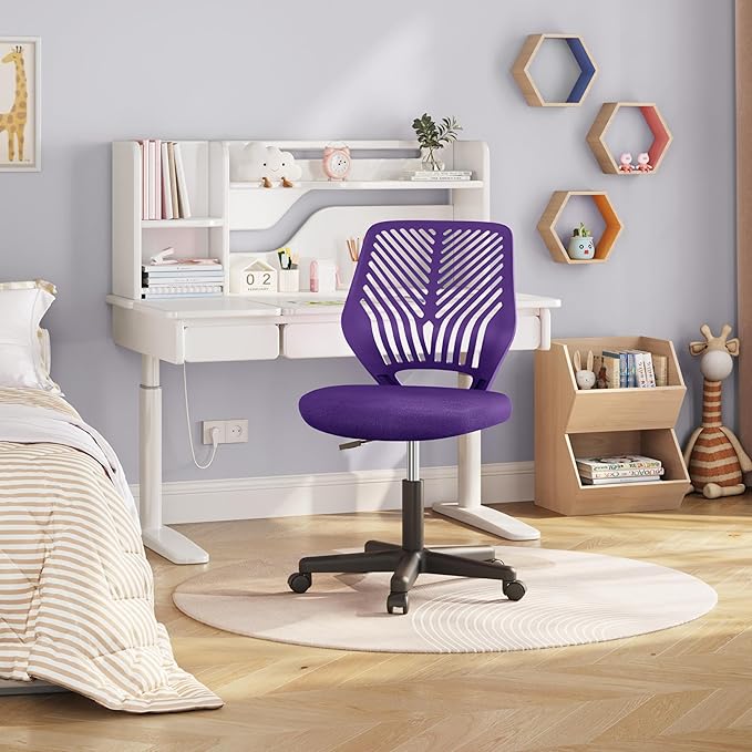 Yaheetech Students Cute Desk Chair Low-Back Armless Study Chair w/Lumbar Support Adjustable Swivel Chair in Home Bedroom School, Purple