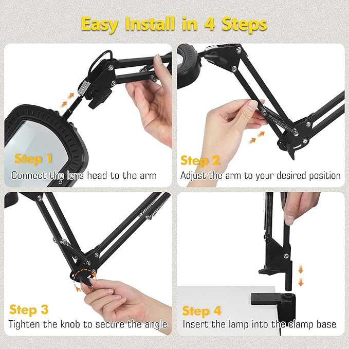 Magnifying Glass with Light Square Magnifier Desk Lamp 10X Close Up Work for Desktop Bench Crafting, Reading, Sewing, Ultra Stable Swing Arm, 5 Color Modes Design Rectangle Head