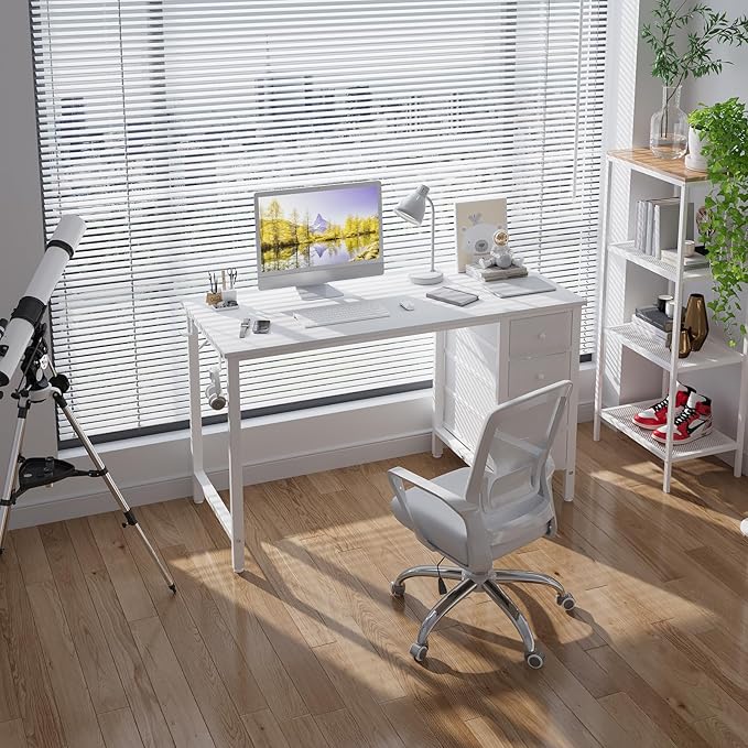 Lufeiya White Computer Desk with Fabric Drawers, 47 Inch Reversible Study Work Writing Desk for Home Office Bedroom, Simple Modern Cute PC Desks with Drawer, White