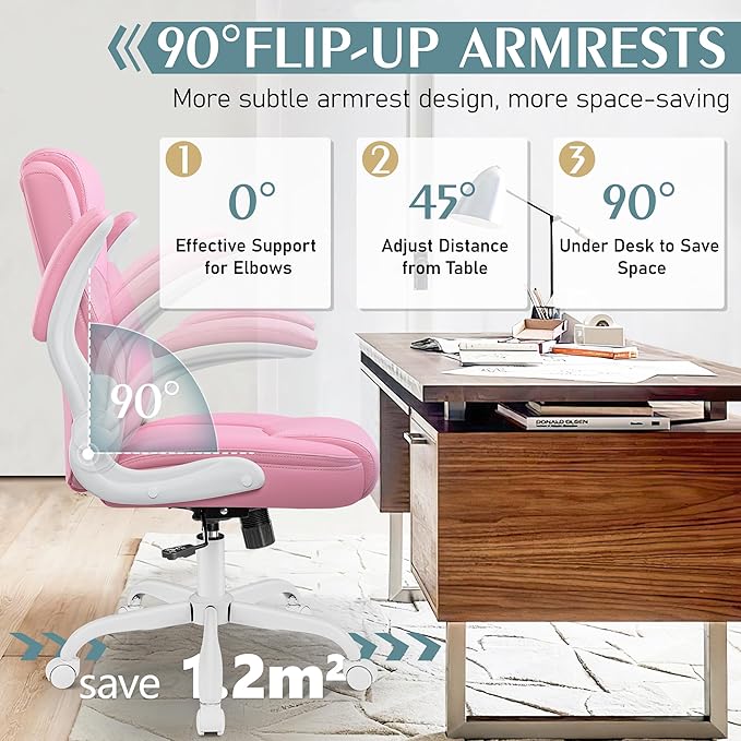 Leather Office Chair, PU Home Computer Desk Chairs with Ergonomic Back Support, 360° Swivel Free,Small Gmaing Chair with Wheels and Adjustable Armrests, for Short People Use, Pink