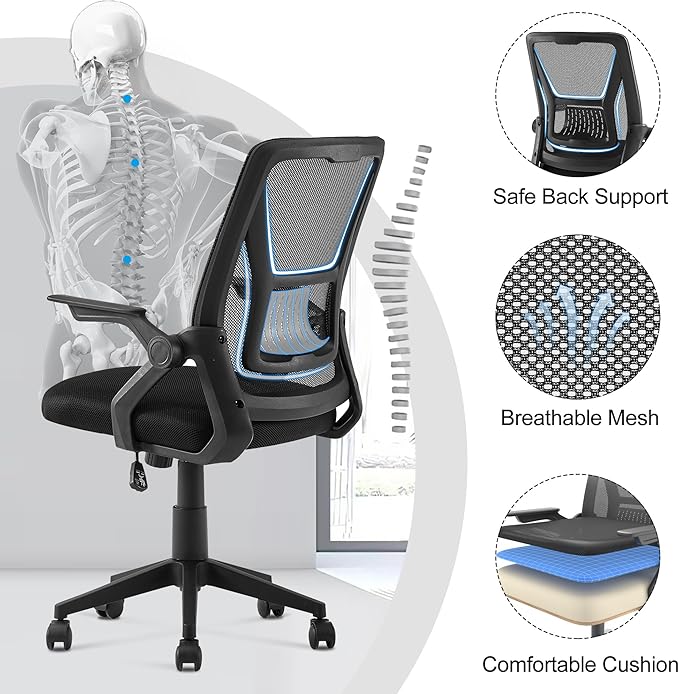 VECELO Mid-Back Swivel Ergonomic Office Chair with Adjustable Arms, Mesh Lumbar Support for Computer Task Work, Jet Black