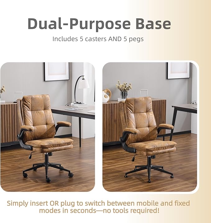 VINGLI Comfy Brown Leather Office Desk Chair,Ergonomic High-Back Computer Gaming Chair with Replaceable Wheels,Dual-Base,Adjustable Height&Armrests,360 Swivel Task Chair for Home Office,Vintage,Rustic
