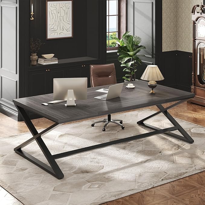 IBF 70 Inch Large Desk, Long Computer Desk for Writing Study, Industrial Home Office Work Executive Desk for Bedroom, Wood Metal Pc Gaming Workstation Computer Table for 2 Monitors, Dark Gray Oak