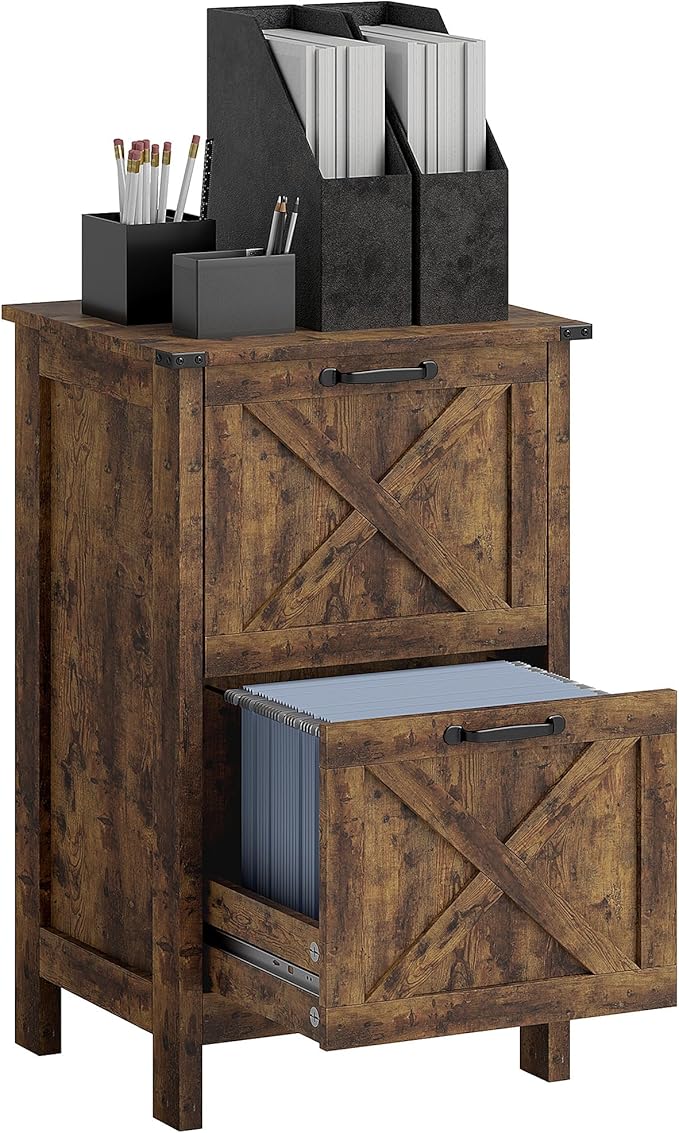 HOMCOM 2 Drawer Vertical File Cabinet with Silent Slides, Rustic Farmhouse Filing Cabinet with Barn Doors for A4/Letter Size, Printer Stand with Storage for Home Office, Rustic Brown