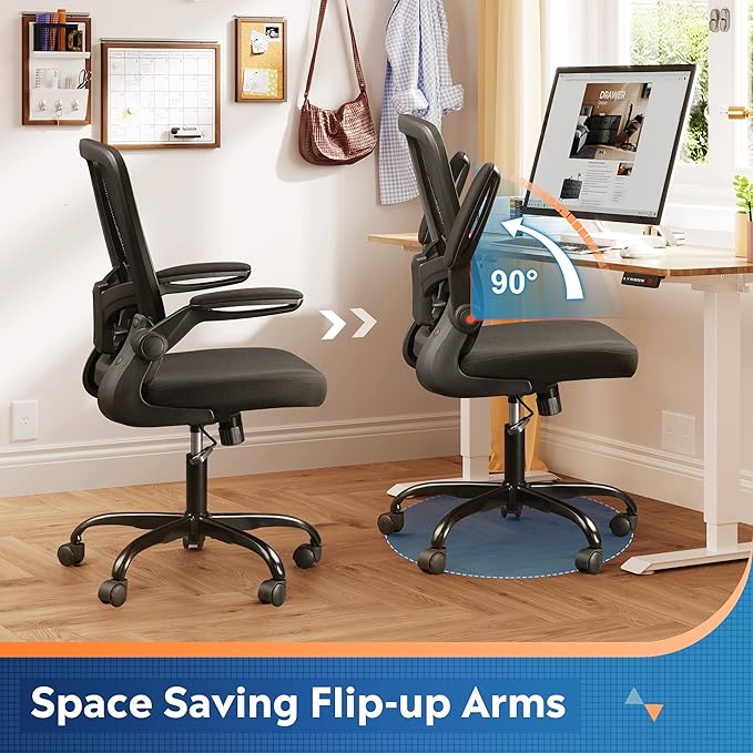 DEVAISE Office Chair, Ergonomic Desk Chair with Flip-up Armrests and Lumbar Support,Home Desk Chair Comfy with Adjustable Office Chair 300 lb Capacity, Black