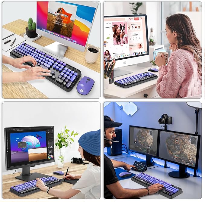 Wireless Keyboard and Mouse Combo | Cute Colorful Keyboard and Mouse with 2.4GHz Cordless Retro Typewriter Keyboard | Auto-Sleep | USB Receiver for Windows PC/Laptop - Black Purple Gradient