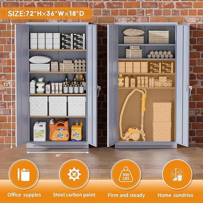 Greenvelly Metal Storage Cabinet with Doors and Adjustable Shelves,72" Locking Tool Steel Garage Cabinet, Utility Metal Filing Storage with Lock for Home Office, Garage, School, Kitchen Dark Gray