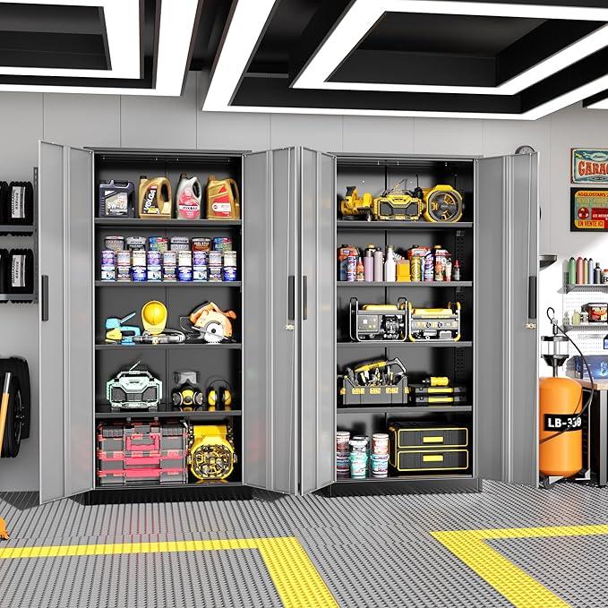 Greenvelly Metal Storage Cabinet, Locking Steel Garage Cabinets with Doors and Adjustable Shelves, Metal Tool Cabinets for Garage,Home Office,School (Black Grey)