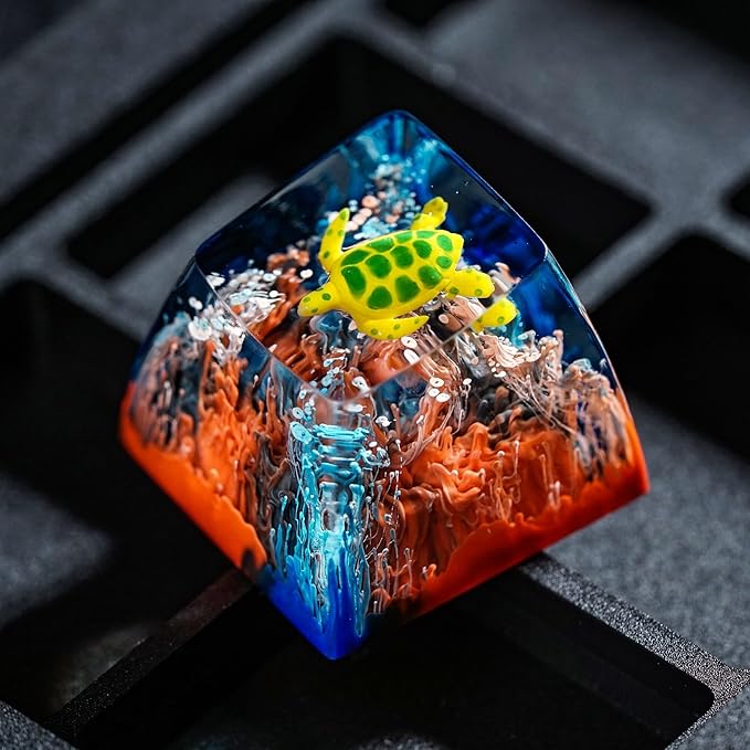 Sea Turtle Artisan Keycap Black and Red Coral Reef R1 SA Profile Custom Sea Creatures Keycaps 1U ESC Handmade Gaming Resin Key Cap Cherry MX Switch Compatible Mechanical Keyboard Turtle Lover Gift
