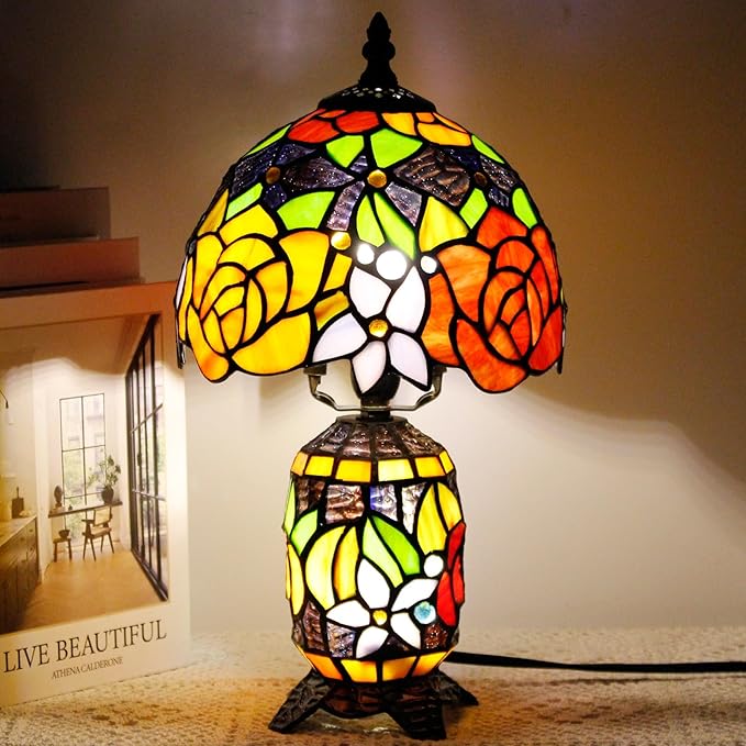 Small Tiffany Lamp Stained Glass Table Lamp Mini Mother Daughter Vase Desk Accent Night Light for Bedroom Bedside Reading Home Antique Style 8X14 Inches (Red Yellow)