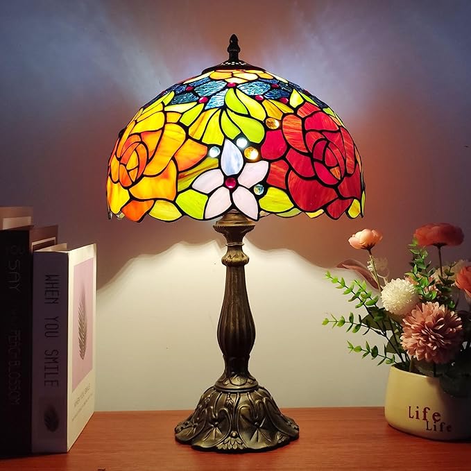 Tiffany Style Table Lamp Rose Flower Pattern Stained Glass Lamp 12X12X19 Inch 3-Way Antique Light for Nightstand Bedroom Living Room Home Office