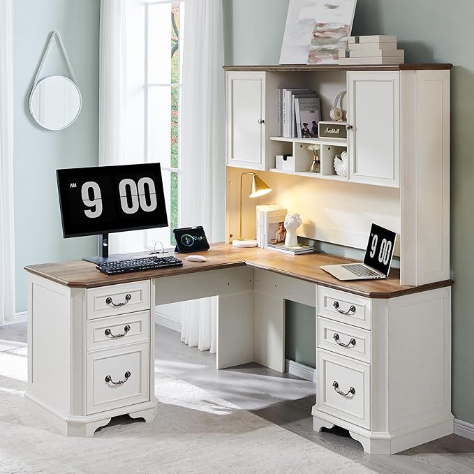 T4TREAM 59" L Shaped Desk with Hutch,Victorian Wood Computer Desk, Featuring Charging Station,File Drawer, Storage Cabinet,for Home Office Work and Study (Antique White)